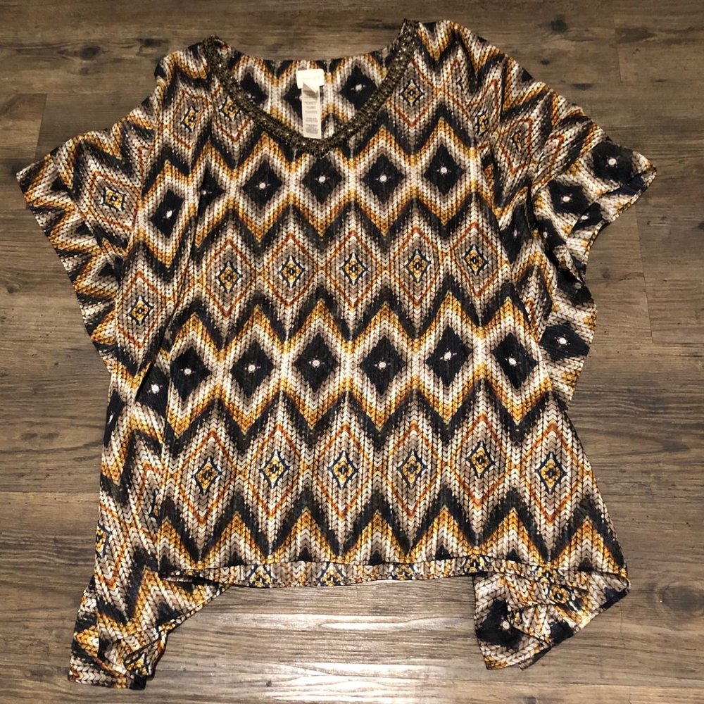 Chico's Sheer Geometric Tunic with Embellished Neck Trim